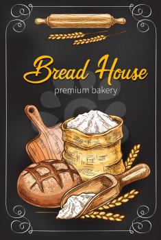 Bakery or bread house sketch poster of baked bread and flour bag. Vector design template for baker shop of fresh baked wheat bread bagel or rye loaf and wheat ears sheaf