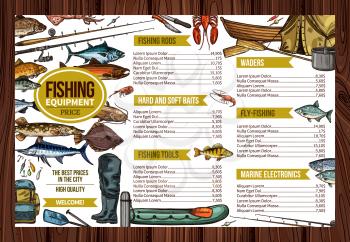 Fishing store sketch price list design of fisherman equipment tools for fishing. Vector fisher rod and inflatable boat or rubber wader boots, marine electronics or fishing tackles and baits