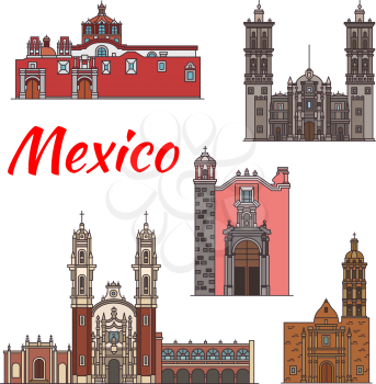 Mexico architecture landmarks and famous buildings facade line icons. Vector set of Mexican churches, cathedrals and monastery of Santa Maria de Ocotlan and Rosa and Santa Domingo