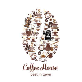 Coffeehouse poster of coffee cups and coffee makers or tea mugs in shape of coffee bean. Vector design template of cezve ad hot chocolate steam, teapot and grinder for coffeeshop