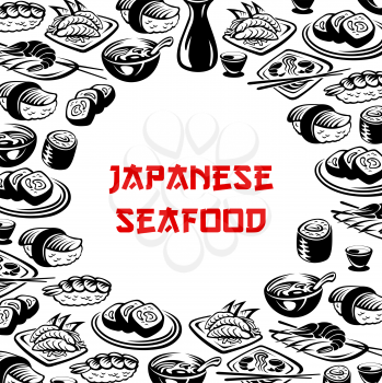Japanese seafood restaurant poster of sushi and Asian food meals. Vector icons of Japan cuisine sushi rolls, shrimp or prawn tempura and miso soup with noodles and rice, salmon and chopsticks