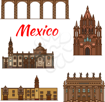 Mexico architecture landmarks and famous buildings facade line icons. Vector set of Mexican aqueduct, churches, cathedrals and monastery of Santa Rosa de Viterbo and Juarez theater in Guanajuato