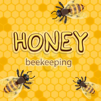 Honey or beekeeping product poster design of bees swarm on honeycomb background. Vector flat honey bee in hive honeycomb for beekeeper and organic natural apiary production industry