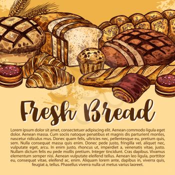 Bakery shop sketch poster of bread and baked pastry desserts. Vector design template of wheat loaf and rye bagel or croissant baguette, chocolate roll or sweet pie for breakfast or baker store
