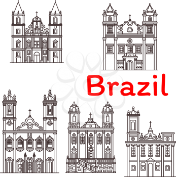 Brazil architecture landmarks and famous buildings facade line icons. Vector set of Brazilian San Francisco church, cathedrals of Do Carmo, San Pedro and Nossa Senhora do Rosario
