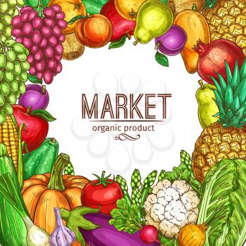 Vegetables and fruits market sketch color poster of fresh organic veggie, apple or pumpkin, natural vegetarian cauliflower or broccoli cabbage, grape and tropical pineapple or eggplant and pomegranate