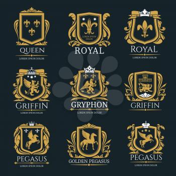 Heraldry vector logo set. Gryphon Royal logo for VIP hotel, restaurant or any business. Griffin icon in black and yellow colors. Queen royal sign. Pegasus or Golden pegasus vector logo on black background