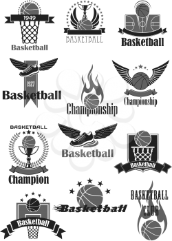 Basketball sport game symbol set. Basketball ball, basket, champion trophy cup, winged shoes and court with ribbon banner, heraldic shield and wreath for sporting club badge or championship design