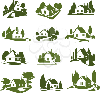 Eco green house icon with tree and lawn. Green cottage silhouette with garden plant, path and driveway, hedge and fence for landscaping service and real estate company emblem or ecology themes design