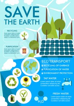 Save Earth banner for ecology environment sustainable development concept. Eco nature conservation and green energy poster with tree, wind turbine and solar panel, recycle, bio fuel, water saving sign