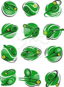 Tennis sport club and tournament icon with green court and ball. Tennis racket and ball flying over net with round motion trail isolated symbol for sporting competition themes design