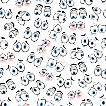 Cartoon eyes smile emoticons pattern background. Vector seamless backdrop of emoji faces expressions with eyes and brows in anger, sad happy and smiling or crying tears, cheer mood and laugh