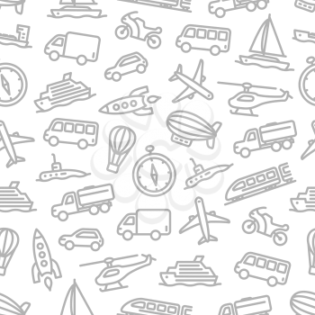 Travel seamless pattern background with car, track, airplane, sailboat, ship and helicopter, bus, plane and rocket, motorcycle and train, hot air balloon and submarine, compass