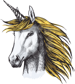 Unicorn with golden mane sketch of magic horse with spiraling horn on head. Fairy unicorn horse or medieval heraldic animal for tattoo, t-shirt print or heraldic badge design