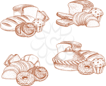 Bakery bread and patisserie vector sketch desserts of wheat brick or rye bread loaf, cupcake or baker shop cake or baguette and bannocks, bagel and chocolate pie and croissant, muffin and pastry donut
