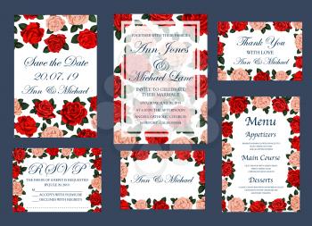 Save The Date invitation cards and wedding or engagement party celebration menu design. Vector bride and bridegroom names for wedding ceremony of roses flowers in frames