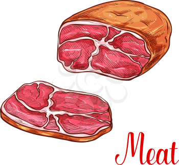 Meat brisket with slice sketch of fresh farm product. Smoked beef brisket or barbecued pork butt isolated icon for restaurant grill menu, meat store or butcher shop design