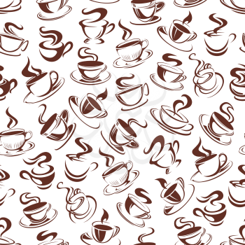 Coffee cups seamless pattern background of hot coffee steam and mug on plates. Vector brown icons of steamy americano, espresso or cappuccino and chocolate or cacao drink for cafe or cafeteria design