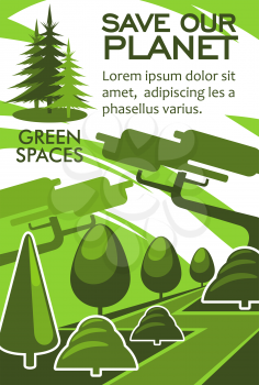Save planet and nature resources banner for ecology and environment protection design. Green tree and plant landscape poster for nature conservation, recycle and renewable energy themes design