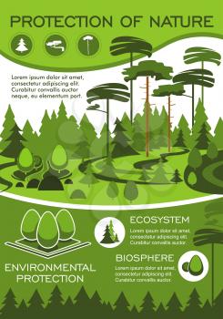 Green nature and environment protection poster for ecology and natural resources conservation. Forest ecosystem banner with green tree for eco friendly technology and sustainable development design