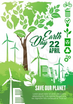 Earth Day celebration banner for ecology and environment protection themes design. Eco technologies poster with world map, green tree and wind turbine farm, recycle, eco transport and biofuel symbol
