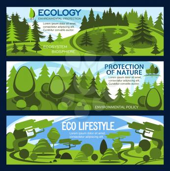 Green nature protection banner for ecology and environment conservation theme design. Eco nature poster of green tree, forest glade and park plant for save nature resources promo flyer template