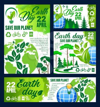 Earth Day greeting banner for ecology nature conservation and environment protection design. Planet globe with eco green tree, leaf plant and world map, recycle, green energy and eco transport sign