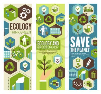 Environment protection flat banner set for Save Planet eco concept. Ecology and green energy poster with green tree plant, recycle and water saving, solar panel, wind turbine and eco transport symbols