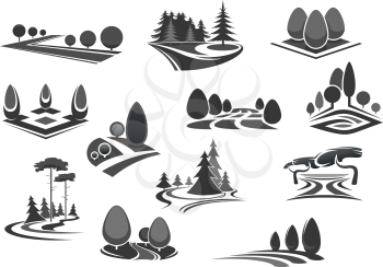 Nature landscape of park and forest isolated icon set. Summer tree and plant, grass field, decorative lawn and forestland meadow symbol. Ecology, outdoor recreation, landscaping and gardening design