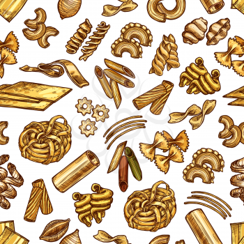 Pasta and spaghetti sketch seamless pattern. Vector traditional Italian cuisine pasta background of macaroni, lasagna or and fettuccine, ravioli or pappardelle and farfalle or tagliatelle