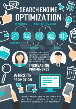 Search engine optimization and internet content technology poster for social marketing and web site promotion. Vector flat design for digital technology or multimedia communication and cloud network