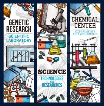 Scientific banner sketch style. Vector banners for chemical center, concept of experiments and researchers. Genetic research scientific laboratory concept. Banner with microscope, tubes, book, bulb