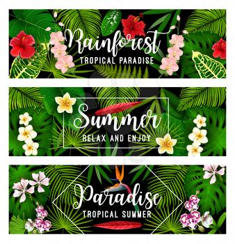 Summer tropical vacation and paradise holiday banner with exotic palm leaf and jungle flower frame. Hawaiian beach party invitation card with hibiscus, monstera and orchid, fern, plumeria, strelitzia