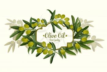 Olive oil best quality wreath sketch poster for organic natural product. Vector design of green olive and leaves for olive oil extra virgin product label for farmer shop or olive oil packaging