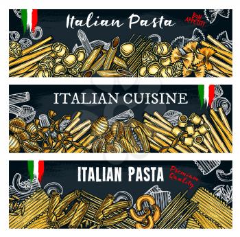 Vector banners on black background with different italian pasta ravioli or gnocchi, ditalini and rotelle, tortellini or oregghiette, risoni. Vector poster for italian cuisine restaurant