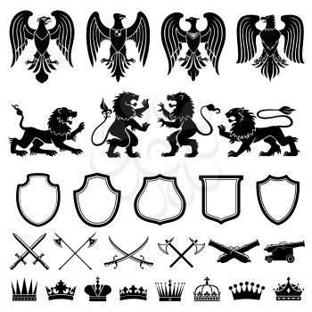 Heraldic symbols vector set. Heraldic elements lions, eagles, shield, weapon, crown. Black and white color heraldry isolated on white. Crossed swords and guns as medieval symbols of nobility