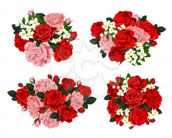 Vector set of floral composition with pink and red roses. Colorful spring flowers with green leaves isolated on white background. Set of floral elements for any design or for print on textile