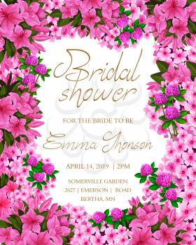 Bridal Shower invitation with pink flowers over white background. Vector banner for Bridal Shower invitation card. Beautiful purple flowers on wedding or engagement announcement