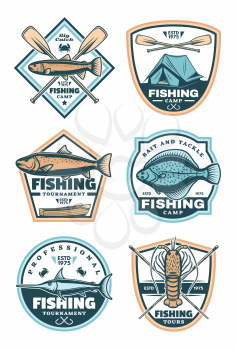 Fishing creative icons with swordfish and salmon. Vector badges for tournament or tours. Vintage emblems and labels for fishing sport design
