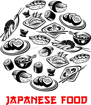 Japanese food poster of sushi rolls for Asian cafe or restaurant. Vector icons of Philadelphia and California roll with salmon, sushi with tuna, scallop or shrimp for restaurant or bar menu