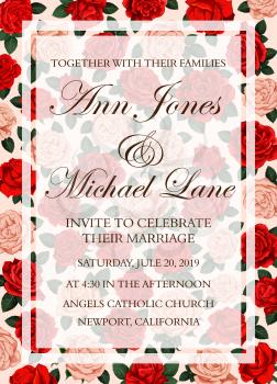 Marriage party template with red and pink roses. Flower design for celebrating marriage of groom and bride. Creative template with spring flowers on pink background. Invitation card for wedding day
