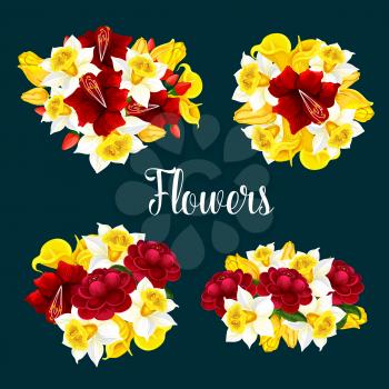 Vector poster with red, white and yellow flowers. Seamless floral pattern with flowers of callas, narcissus and peony. Flowers compositions on black background for invitation card or textile print.