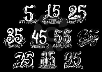 Anniversary dates signs vector set. Icons set with numbers of age or wedding anniversary. Vector set of anniversary festive numbers 15 or 15, 35 and 45 dates isolated on black background