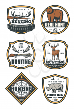 Set of vector badges hunting concept. Vector icons with wild animals and hunting equipment isolated on white background. Vector emblems with deer and bear, gun and compass. Real hunting concept