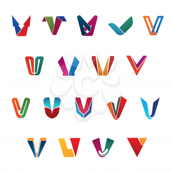 Letter V icons for business design in technology industry, art and advertisng agency and banking commerce. Vector abstract set of letter V for company, corporation and trade