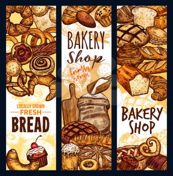Bakery shop sketch banners of bread of baked pastry and patisserie desserts. Vector design of flour bag, wheat loaf and rye bagel or croissant baguette for breakfast or baker recipe