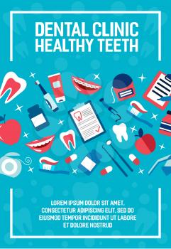 Dental clinic or dentist medical center posters of stomatology icons. Vector flat design of clean white tooth, toothpaste with toothbrush and doctor prescription list, apple and implants