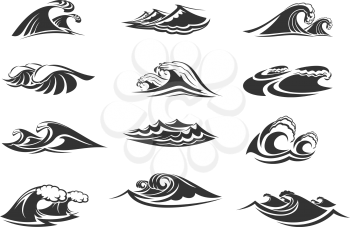 Waves icons of ocean water splashes or sea tidal gales. Vector isolated symbols o marine waves or stormy tide with splashing flows, surf with froth and windy storm wavy streams