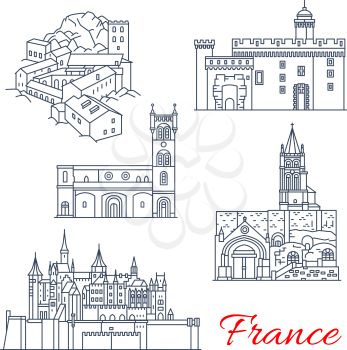 France famous travel landmark buildings line icons. Vector set of Saint-Martin Abbey in Tours, Carcassonne and Saint-Emilion Monolithic Church and Palais des Rois de Majorque or Majorca Kings Palace