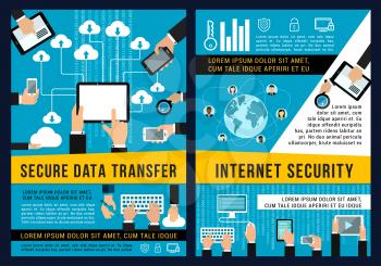 Internet security and secure data transfer poster for digital technology. Vector brochure of data streams or cloud storage and online communications with smartphone, computers and electronic devices